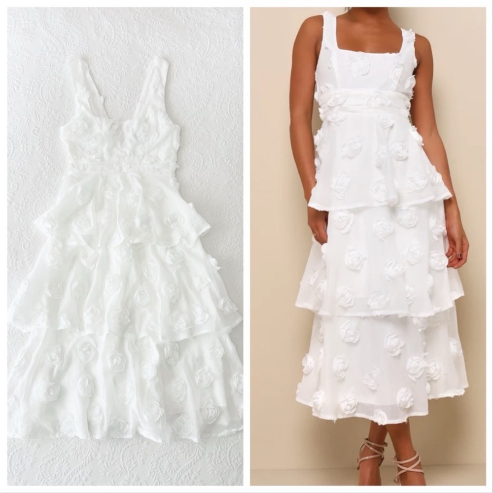 💥NWOT Lulus Exceptional Entrance White Sleeveless Tiered Rosette Midi Dress L